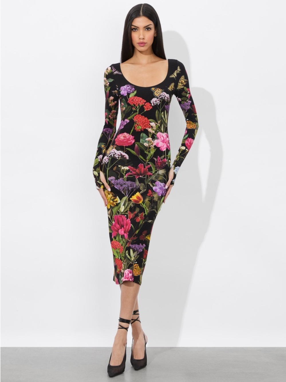 Alice + Olivia Delora Midi Dress in Secret Garden Retail $395 Floral Butterfly